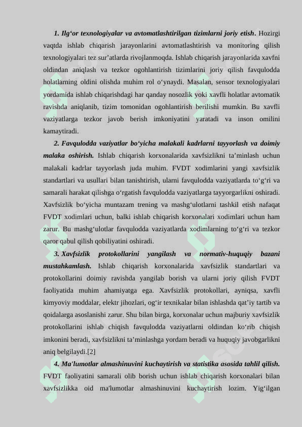 ISHLAB CHIQARISH KORXONALARIDA AVARIYALARNI OLDINI OLISH MAQSADIDA FAVQULODDA VAZIYATLAR DAVLAT TIZIM FVDT FAOLIYATINI YANADA TAKOMILLASHTIRISH BO'YICHA TAVSIYALAR ISHLAB CHIQISH 2
