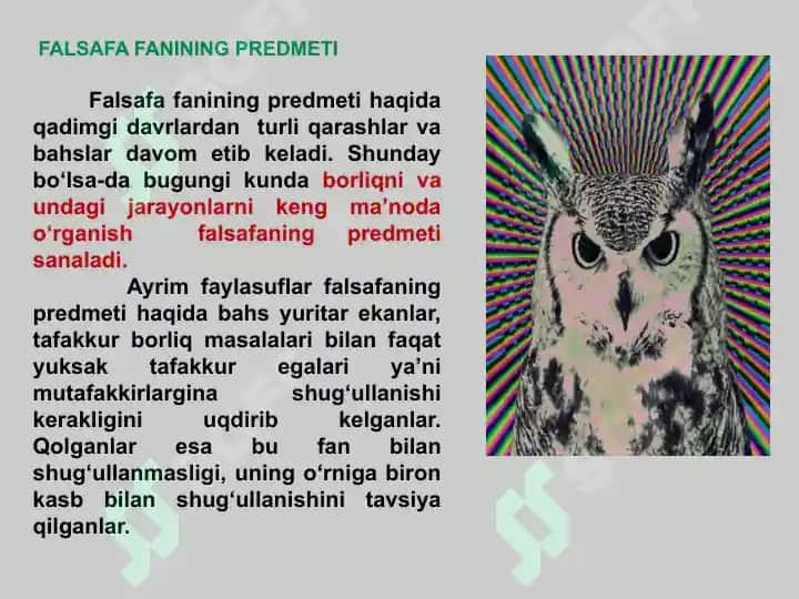 Falsafa fanining predmeti, mazmuni va jamiyatdagi o`rni 7