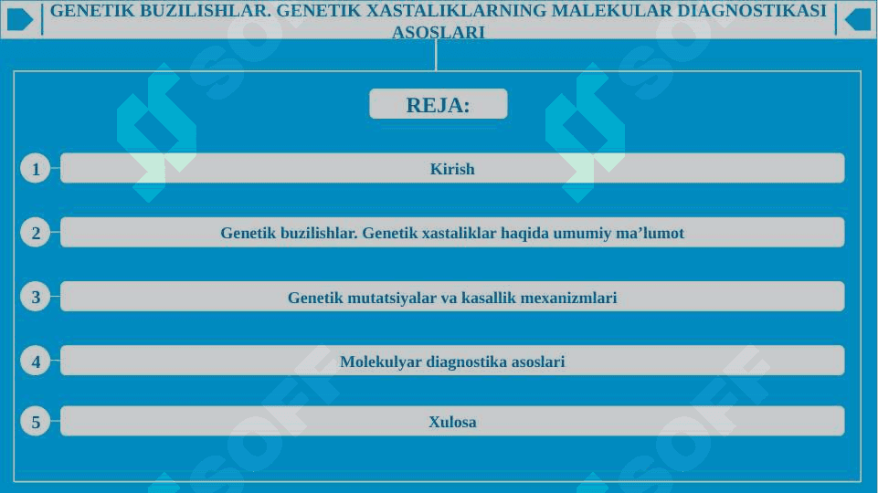 GENETIK BUZILISHLAR. GENETIK XASTALIKLARNING MALEKULAR DIAGNOSTIKASI ASOSLARI. 2