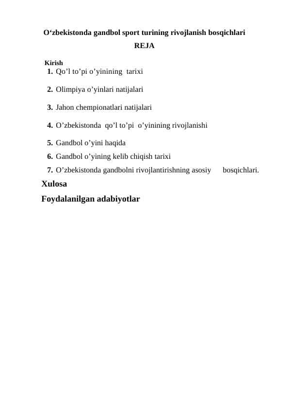 O‘zbekistonda gandbol sport turining rivojlanish bosqichlari