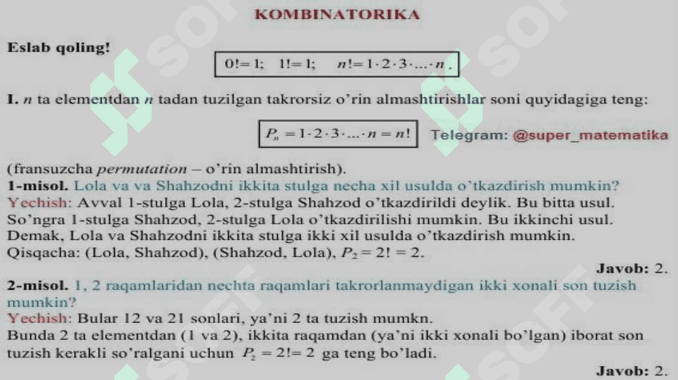 Kombinatorikaning asosiy qonunlari va formulalari. 2