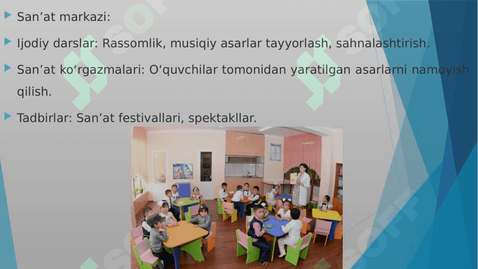 “Til va nutq markazi”, “Ilm fan va tabiat”, “Qurish-yasash, konstruksiyalash va matematika markazi”, “San’at markazi”,“Syujetli rolli o‘yinlar va sahnalashtirish” markazida ta’limiy faoliyatni tashkil etish 6