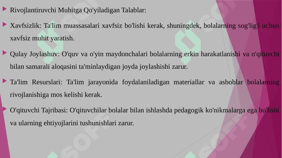 Ilk va maktabgacha yoshdagi bolalar rivojlanishiga qo‘yiladigan davlat standarti va undagi Rivojlantiruvchi muhitni tashkil etishga qo‘yiladigan talablar 4