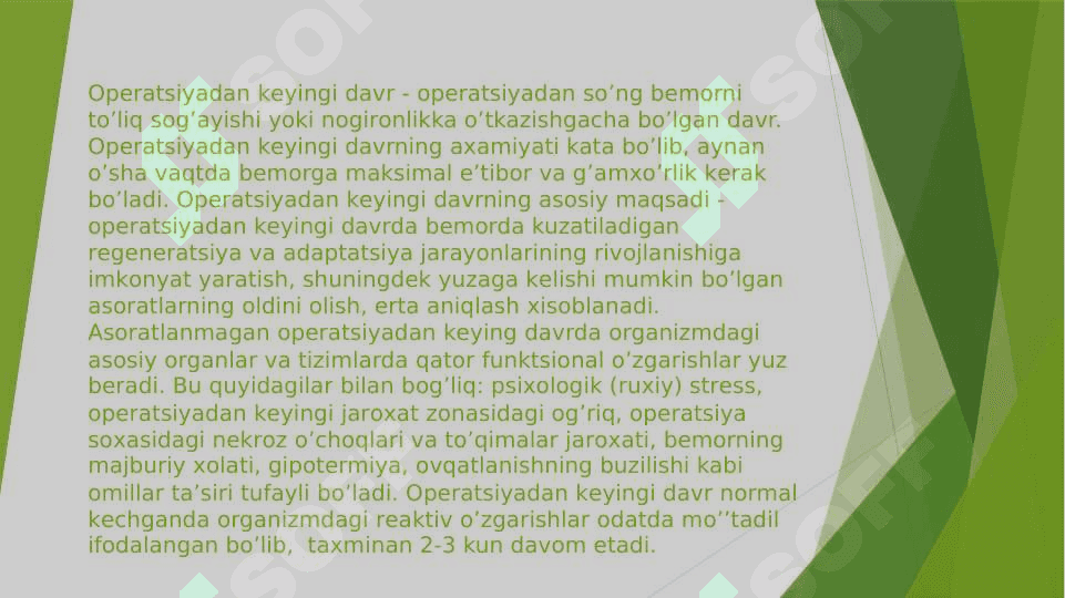XIRURGIK BEMORLARNI OPERATSIYADAN SO’NGI DAVRDA PARVARISH QILISH QOIDALARI 4