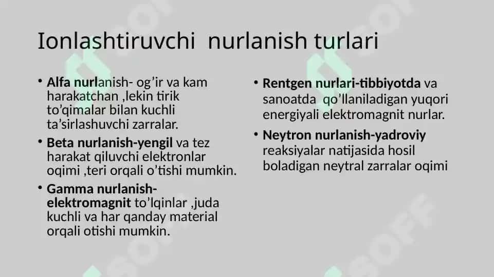Ionlashtiruvchi nurlarning odam organizimiga ta’siri. Ichki va tashqi nurlanish. 3