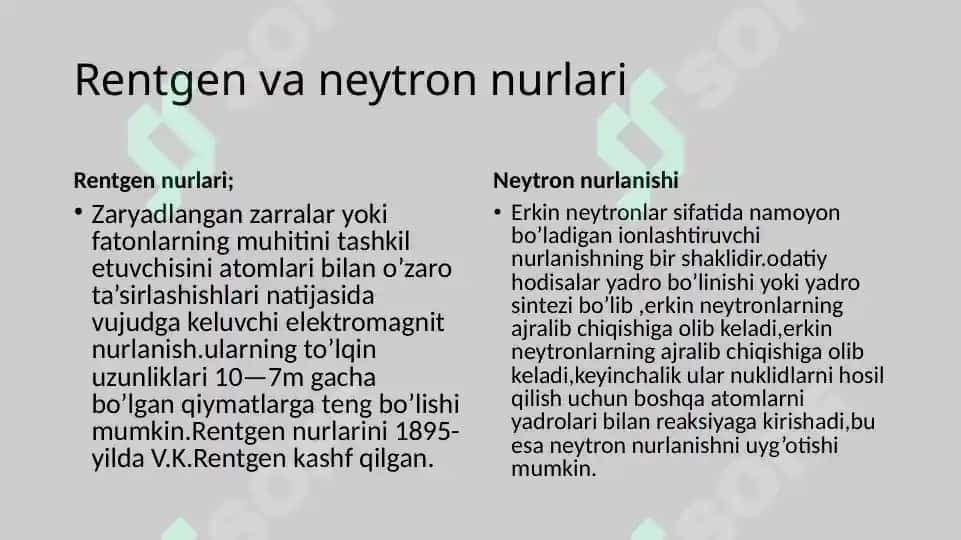 Ionlashtiruvchi nurlarning odam organizimiga ta’siri. Ichki va tashqi nurlanish. 4