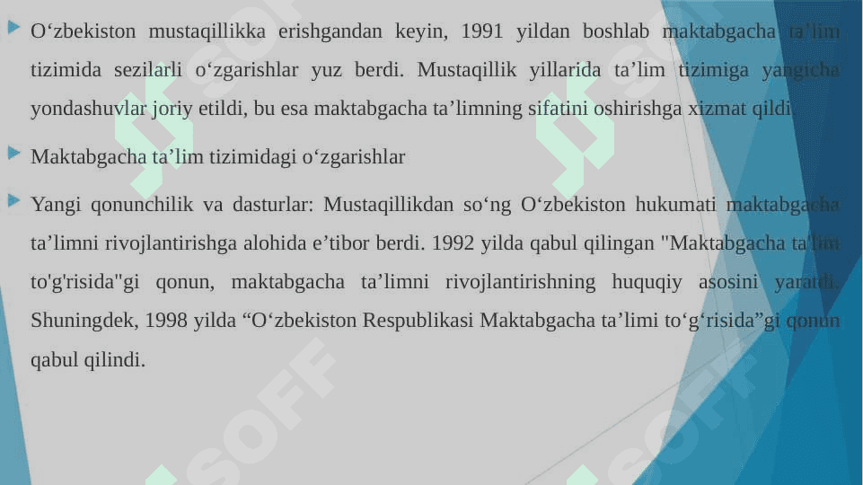 O'zbekiston mustaqillika erishgandan keyingi davrdagi maktabgacha ta'lim. Musgaqillik yillarida maktabgacha ta'lim tizimiga yangicha yondashuv. 3