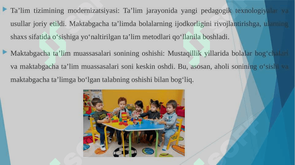 O'zbekiston mustaqillika erishgandan keyingi davrdagi maktabgacha ta'lim. Musgaqillik yillarida maktabgacha ta'lim tizimiga yangicha yondashuv. 4