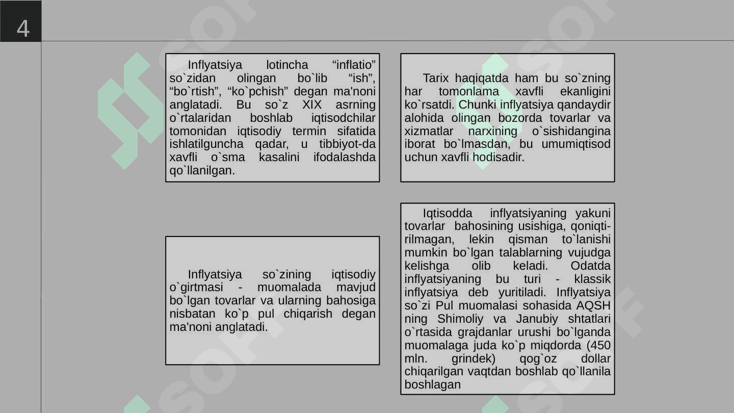 Inflyasiyaning sabablari, pulning miqdoriy nazariyasi. Pul massasining ko'payishi 4
