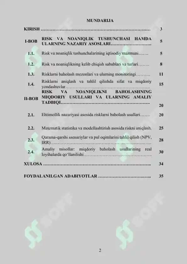 Risk va noaniqlikni baholashning miqdoriy usullari 2