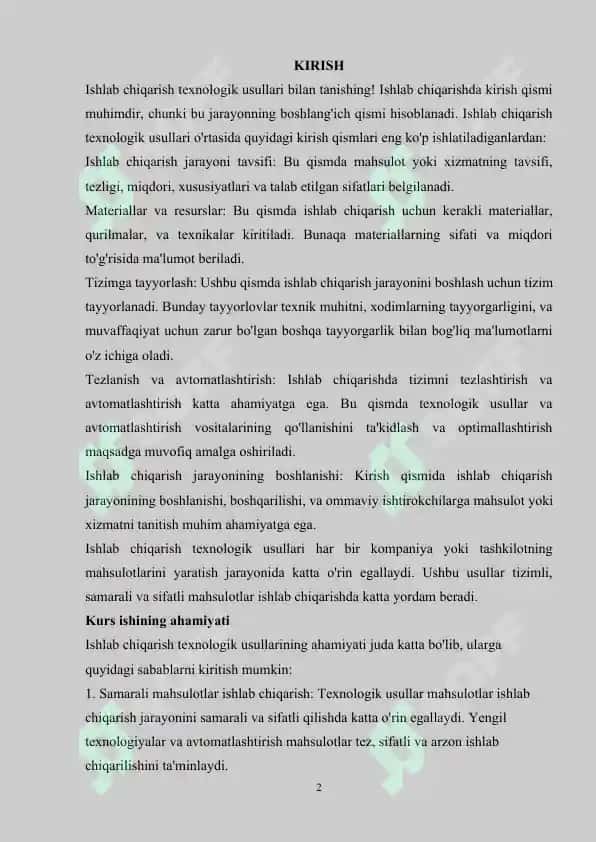 Ishlab chiqarish texnologik usullari. Industrial va noindustrial ishlab chiqarish 2