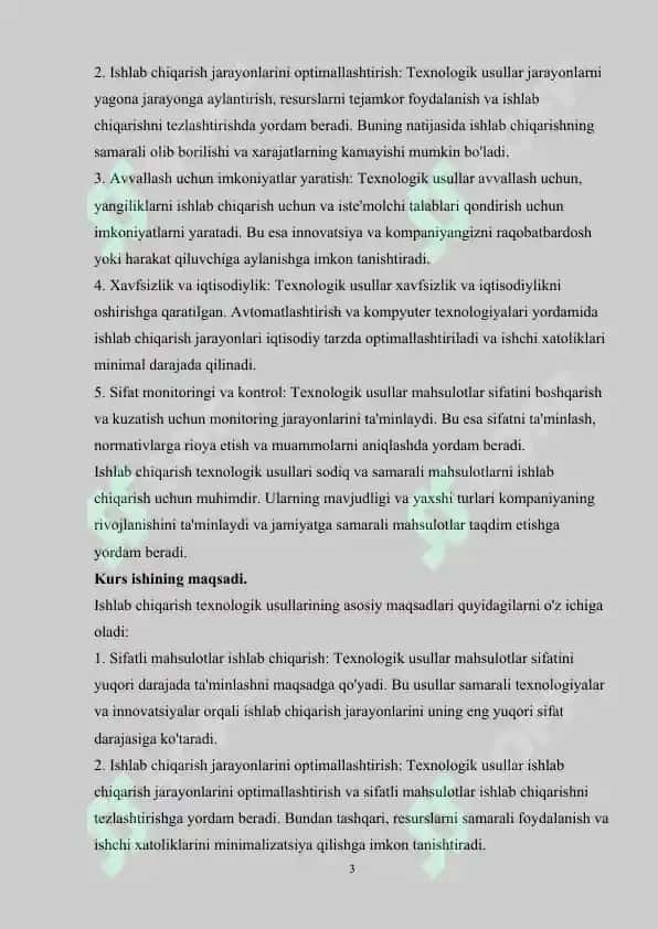 Ishlab chiqarish texnologik usullari. Industrial va noindustrial ishlab chiqarish 3