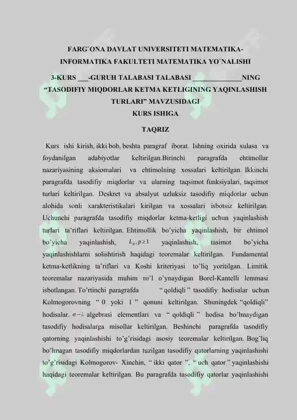 TASODIFIY MIQDORLAR KETMA KETLIGINING YAQINLASHISH TURLARI 2
