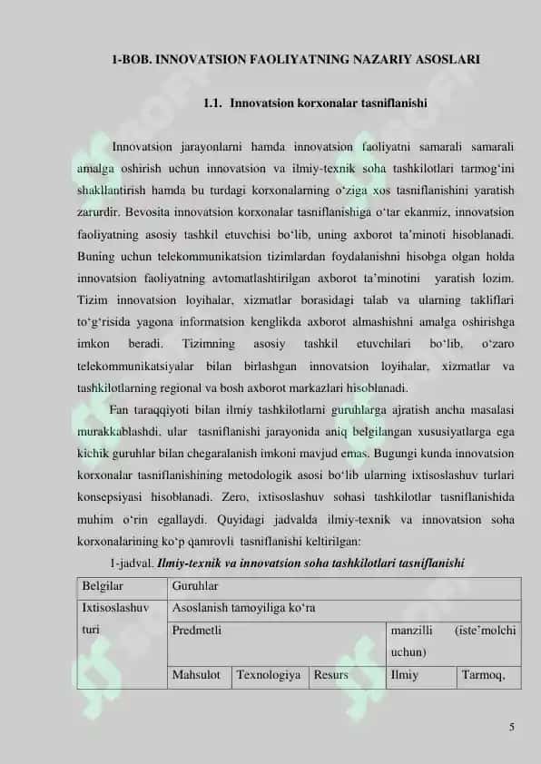 Innovatsion faoliyatlar qo’llanilishi mumkin bo’lgan xizmat ko’rsatish yo’nalishlari 6