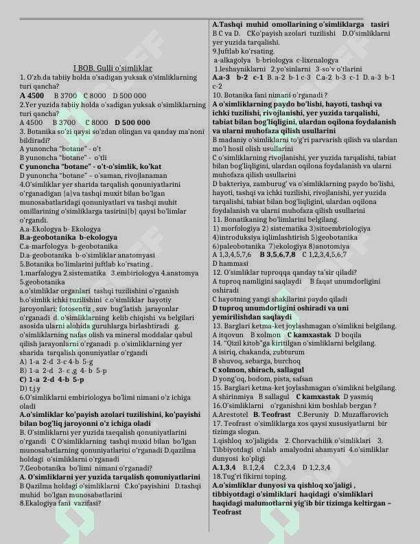 6-sinf biologiya fanidan movzulashtirilgan tetslar javoblari bilan 2