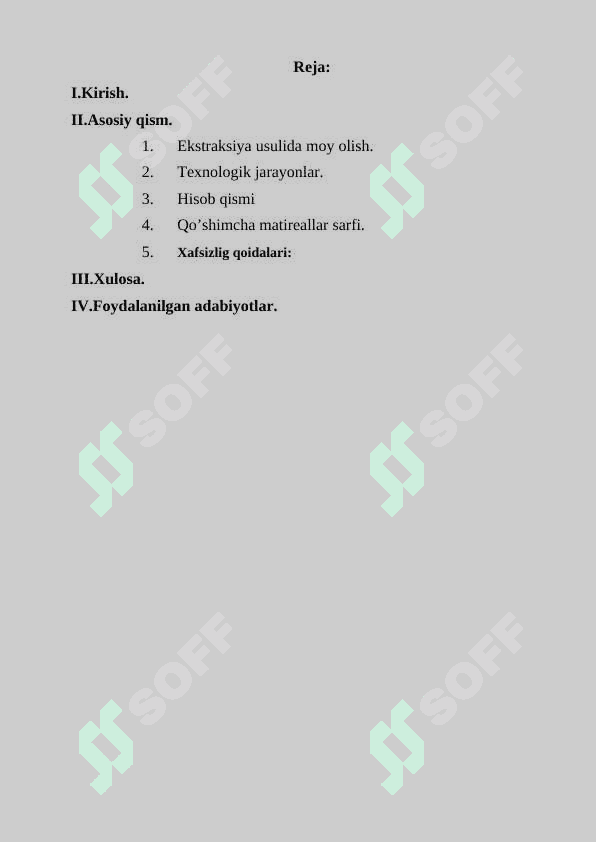 Quvvati 90 t/sutka bo’lgan ekistiraksiyalangan paxta yog’i ishlab chiqarish texnalogiyasi va xafsizlik ko’rsatkichlari. 2