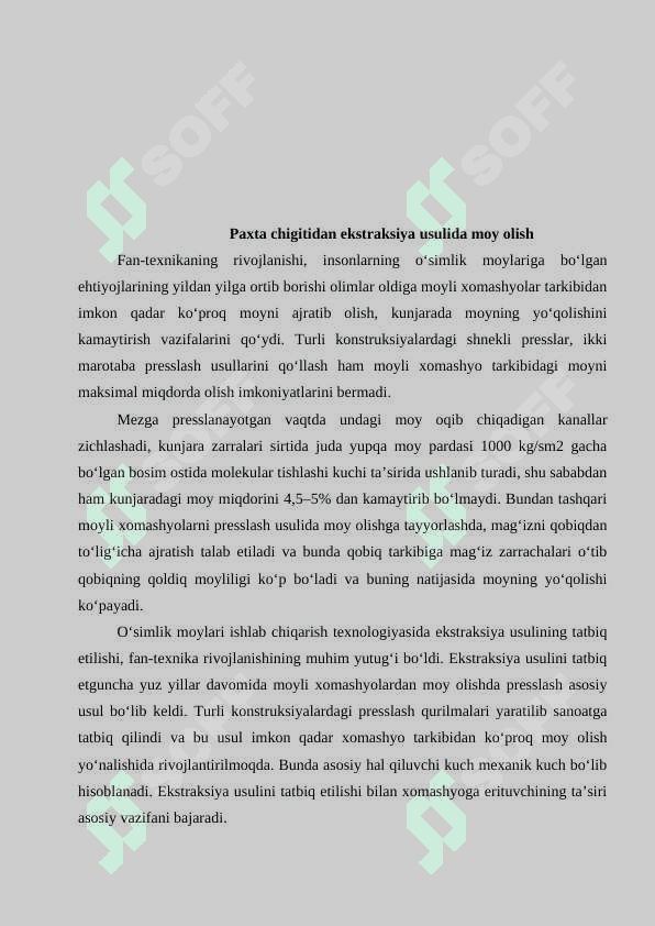 Quvvati 90 t/sutka bo’lgan ekistiraksiyalangan paxta yog’i ishlab chiqarish texnalogiyasi va xafsizlik ko’rsatkichlari. 5