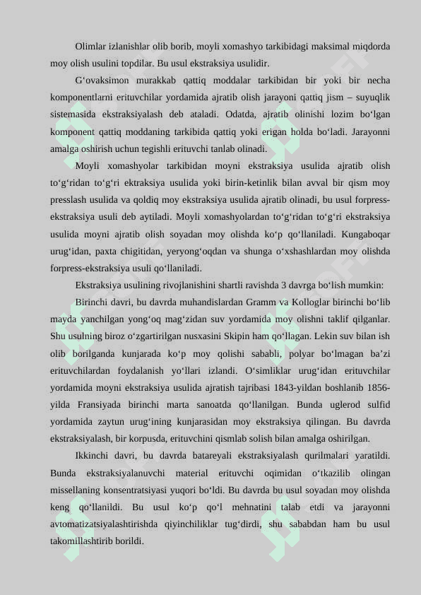 Quvvati 90 t/sutka bo’lgan ekistiraksiyalangan paxta yog’i ishlab chiqarish texnalogiyasi va xafsizlik ko’rsatkichlari. 6