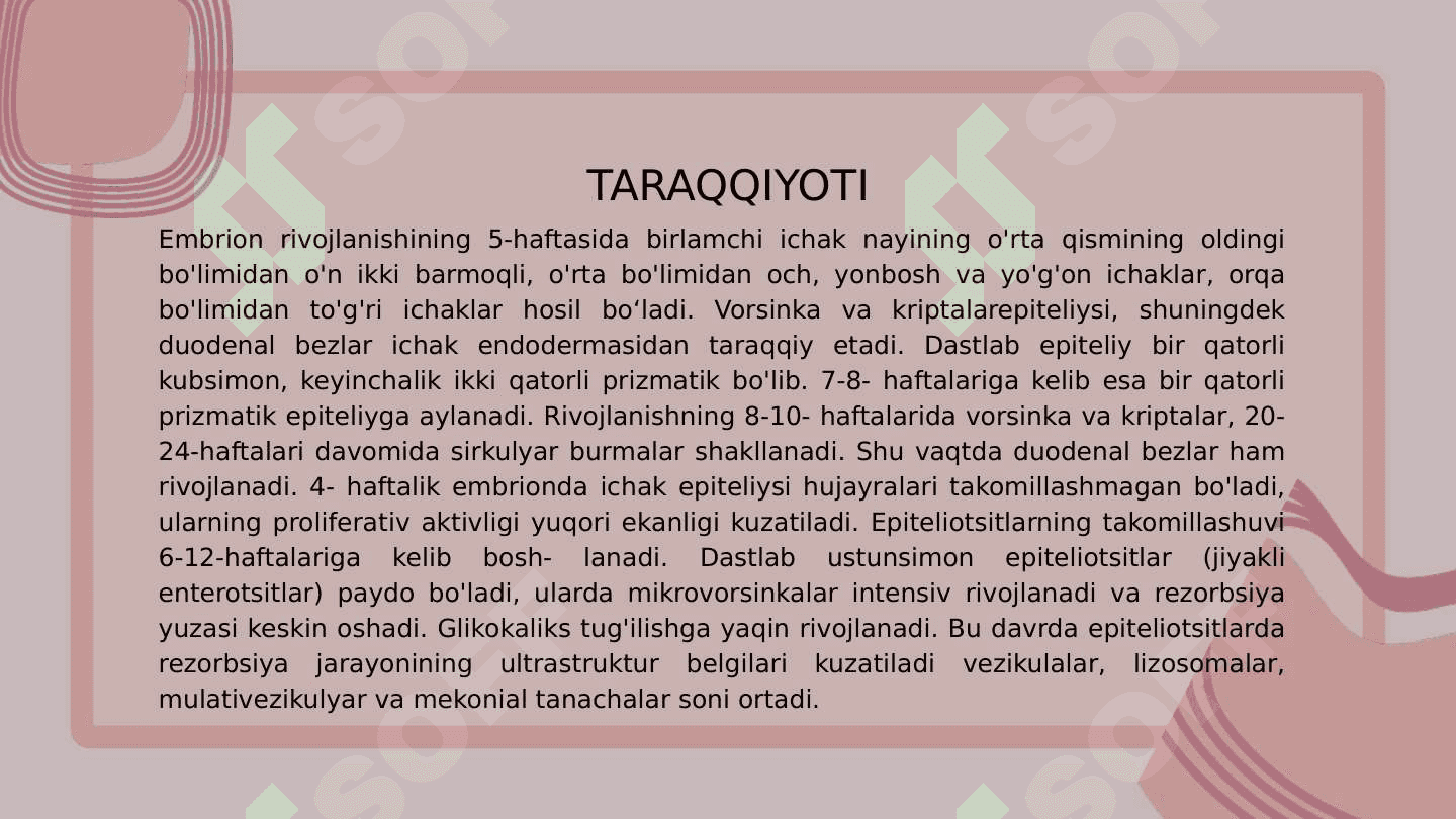 Ichaklarda ovqat hazm bo'lishi va qonga so'rilishida jiyakli enterotsitning ahamiyati. Jigarning regenerator va kompensator xususiyati. Jigarning perisinusoidal bo'shliqlari hujayralarining morfofunksional xususiyatlari. 3