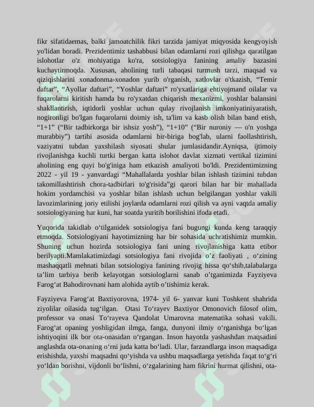Sotsiologiya fanlari boʻyicha falsafa doktori Fayziyeva Farogʻat Bahodirovnaning  sotsiologiya fanida erishgan yutuqlari 8