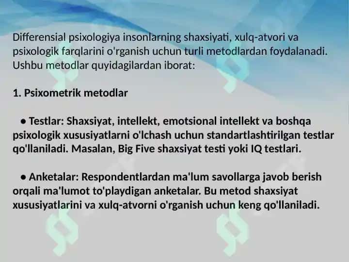 Differensial psixologiya usullarining tasnifi 4