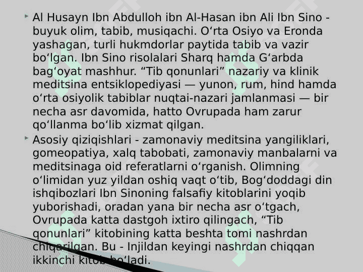 Buxora tibbiyoti.Abu Ali Ibin Sino hayoti va ijodi 5