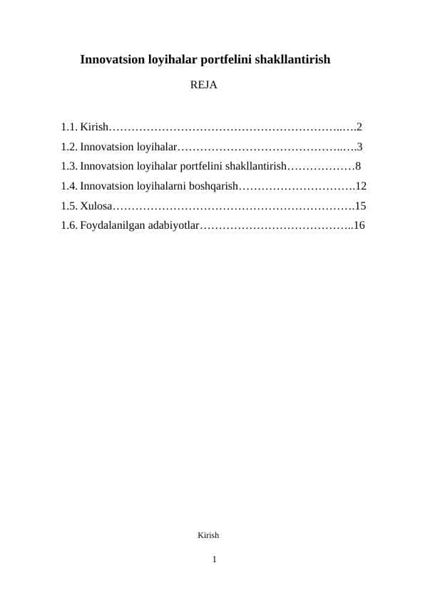 Innovatsion loyihalar portfelini shakllantirish