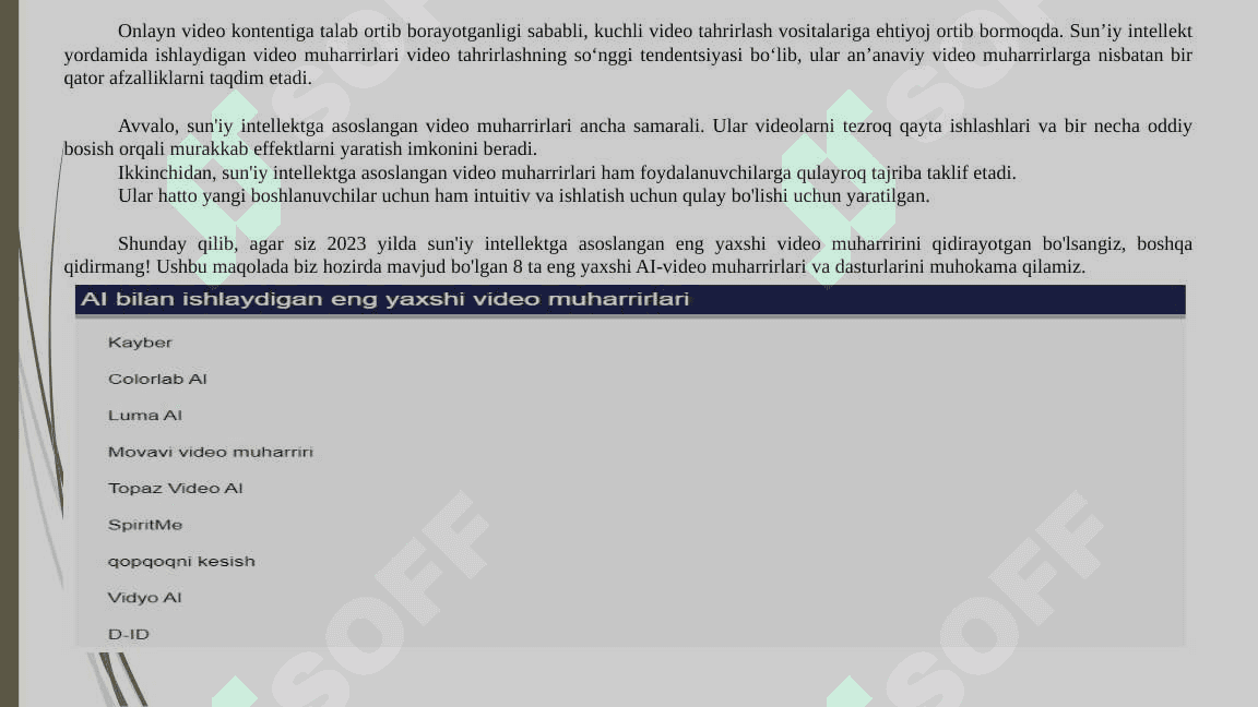 VIDEO MALUMOTLARIGA ISHLOV BERUVCHI SUNIY INTELEKT SAYTLAR PLATFORMALAR 3