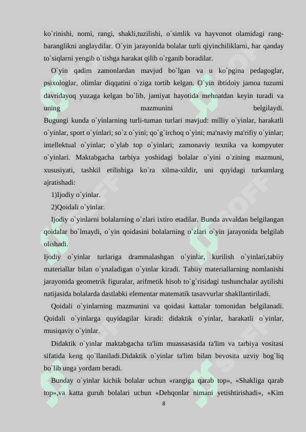 Elementar matematik tasavvurlarni shakllantirish mashg’ulotini kuzatish, ularni tahlil etish va ularga qo‘yiladigan talablar 8