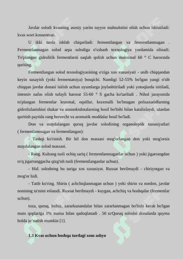 Kvas suslasini tayyorlash bo’limini loyihasi 7