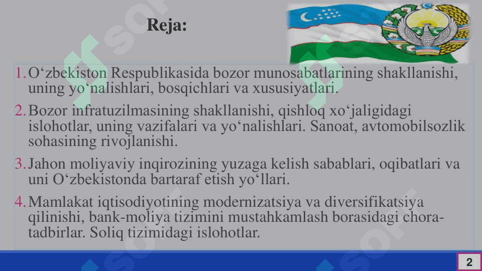 O‘zbekistonda iqtisodiy islohotlar, xususiy mulkchilikning shakllanishi, bozor 2