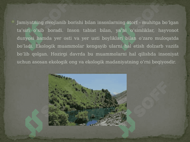 O'zbekiston tabiati va tabiy resurslarni qóriqlash (qóriqxonalar , milliy boğlar) 2