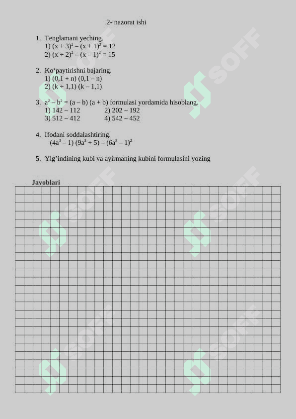 7-sinf algebra, geometriya fanidan nazorat ishi daftari 6