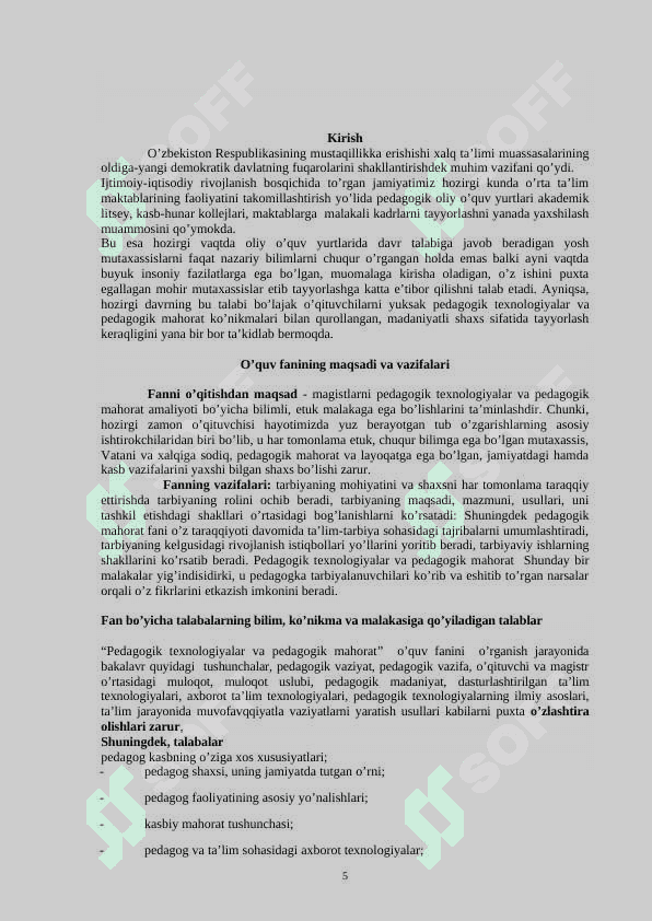 PЕDAGОGIK TЕХNОLОGIYALAR  VA   PЕDAGОGIK MAHОRAT» FANIDAN O`QUV- USLUBIY MAJMUA 5