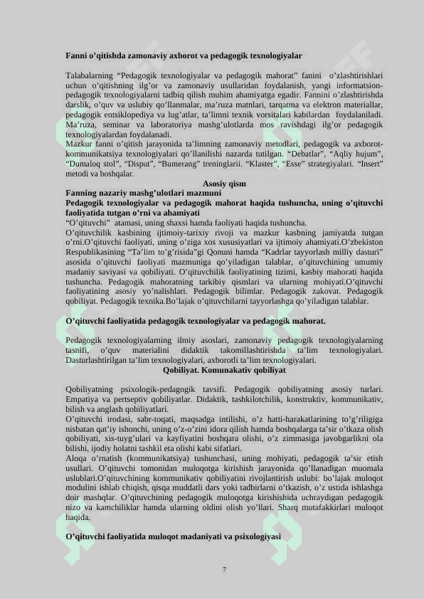 PЕDAGОGIK TЕХNОLОGIYALAR  VA   PЕDAGОGIK MAHОRAT» FANIDAN O`QUV- USLUBIY MAJMUA 7