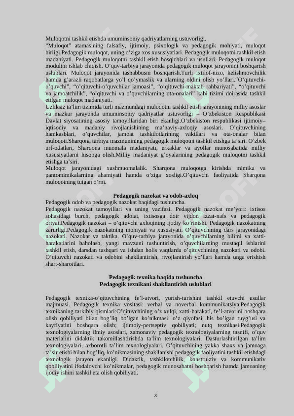 PЕDAGОGIK TЕХNОLОGIYALAR  VA   PЕDAGОGIK MAHОRAT» FANIDAN O`QUV- USLUBIY MAJMUA 8