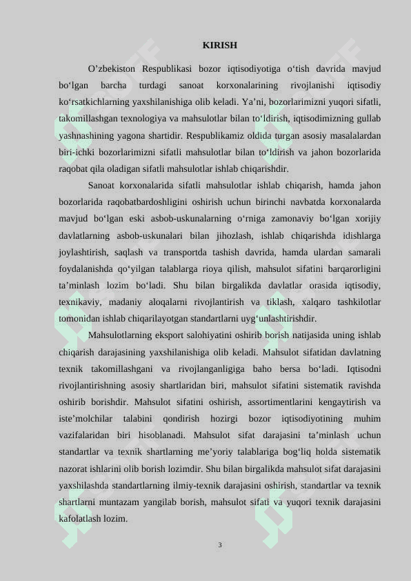 O’ZBEKISTONDA STANDARTLASHTIRISH OBYEKTLARIGA QO’YILADIGAN TALABLAR VA TOVARLARNI SHTRIXLI KODLASH kurs ishi 3