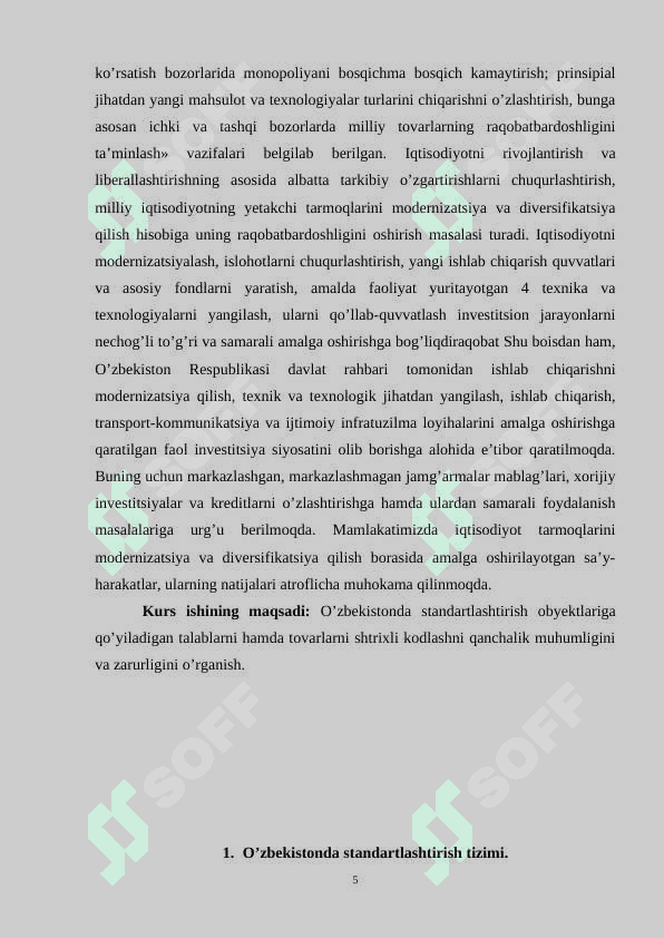 O’ZBEKISTONDA STANDARTLASHTIRISH OBYEKTLARIGA QO’YILADIGAN TALABLAR VA TOVARLARNI SHTRIXLI KODLASH kurs ishi 5