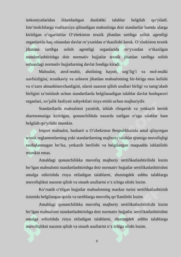 O’ZBEKISTONDA STANDARTLASHTIRISH OBYEKTLARIGA QO’YILADIGAN TALABLAR VA TOVARLARNI SHTRIXLI KODLASH kurs ishi 8