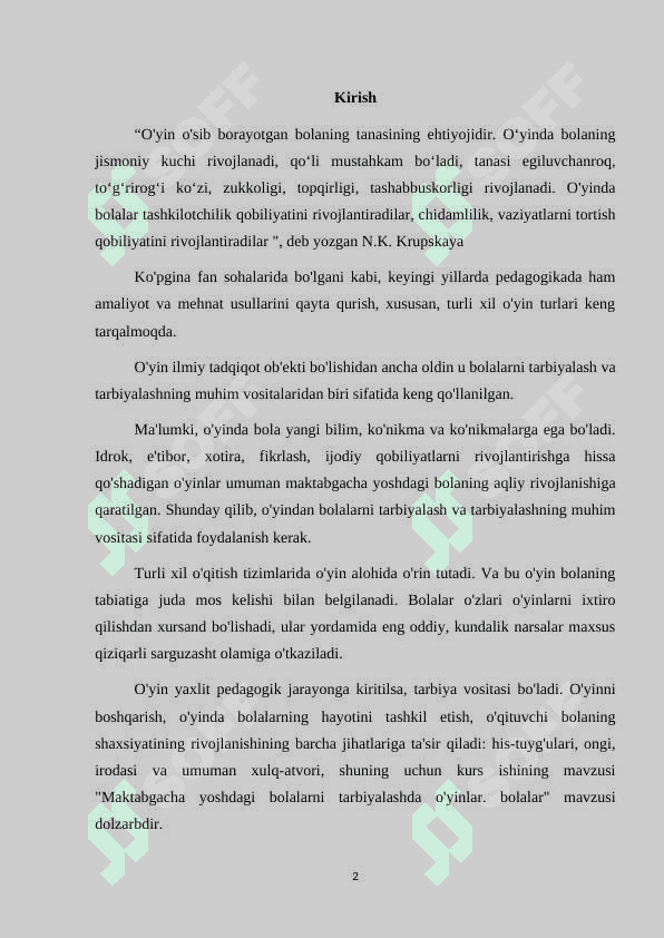 O’yinning maktabgacha ta’lim muassasasidagi pedagogik jarayonidagi o’rni 2
