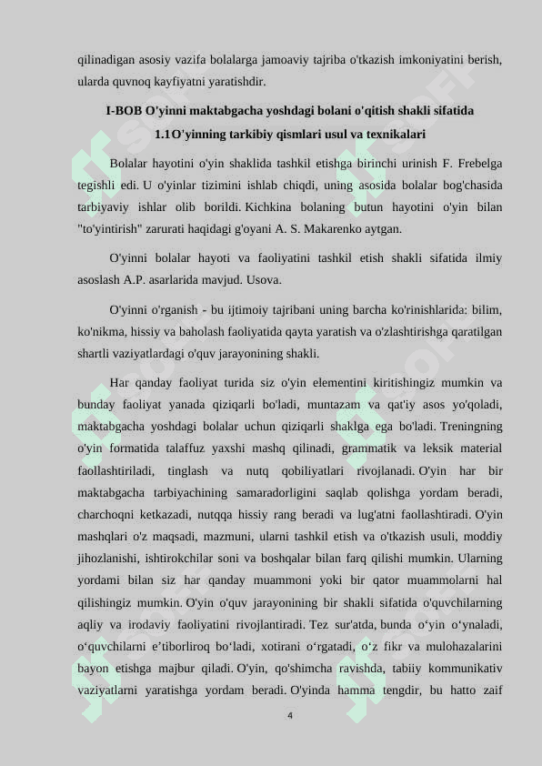 O’yinning maktabgacha ta’lim muassasasidagi pedagogik jarayonidagi o’rni 4