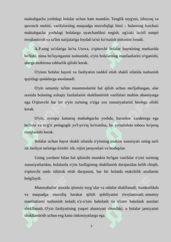O’yinning maktabgacha ta’lim muassasasidagi pedagogik jarayonidagi o’rni 5
