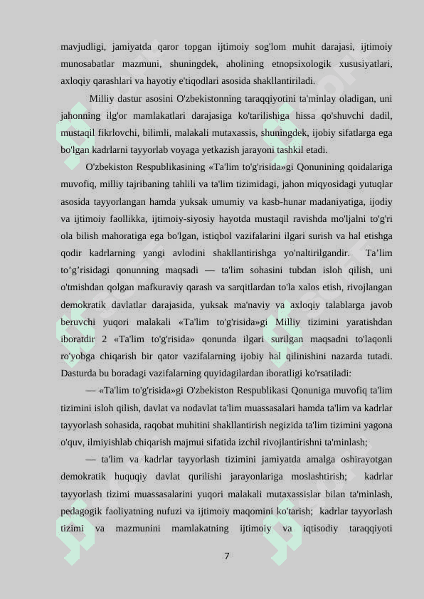 O’zbekiston Respublikasining “Maktabgacha ta’lim va tarbiya to’g’risida” gi qonunni 7
