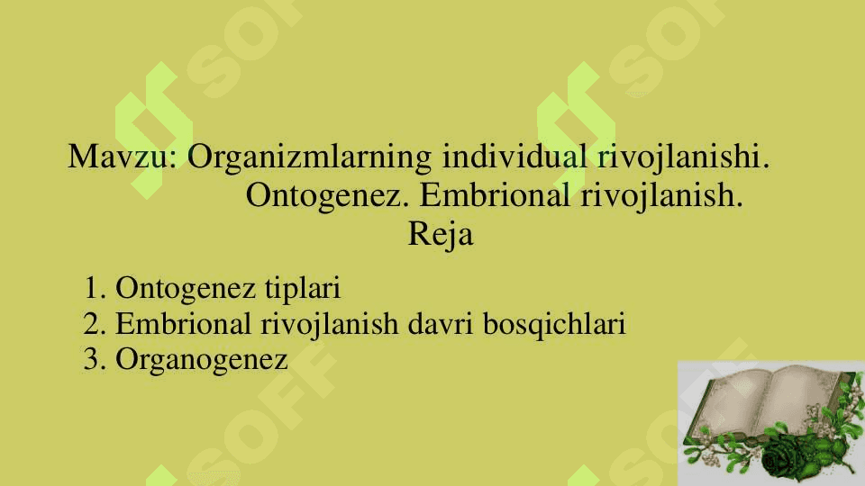Organizmlarning individual rivojlanishi.  Ontogenez. Embrional rivojlanish. Reja 1. Ontogenez tiplari 2. Embrional rivojlanish davri bosqichlar 2
