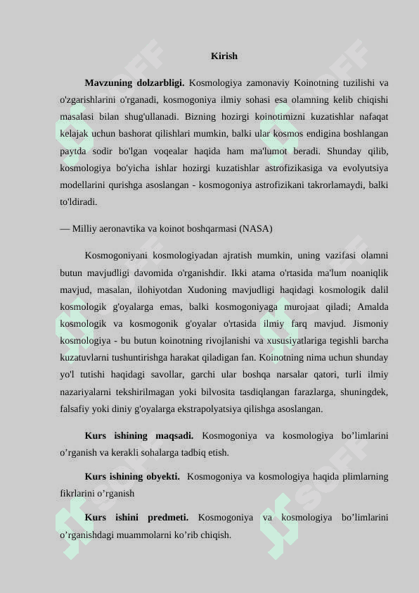 Kosmogoniya va kosmologiya boʻlimlarini oʻrganish 2
