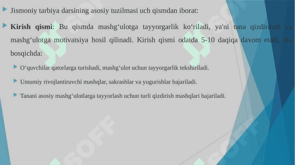 JISMONIY TARBIYA DARSI MASHG‘ULOTLARNING ASOSIY SHAKLI SIFATIDA, UNING TUZILISHI. 4
