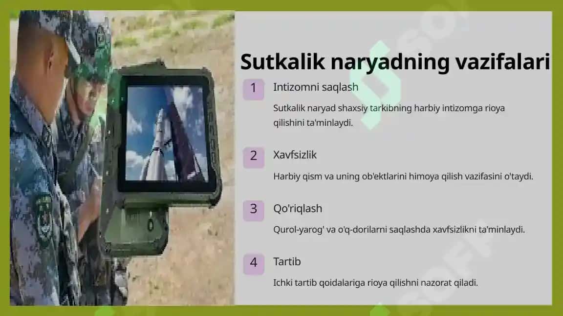 Sutkalik naryad, vzvod navbatchisining harakatlari 4