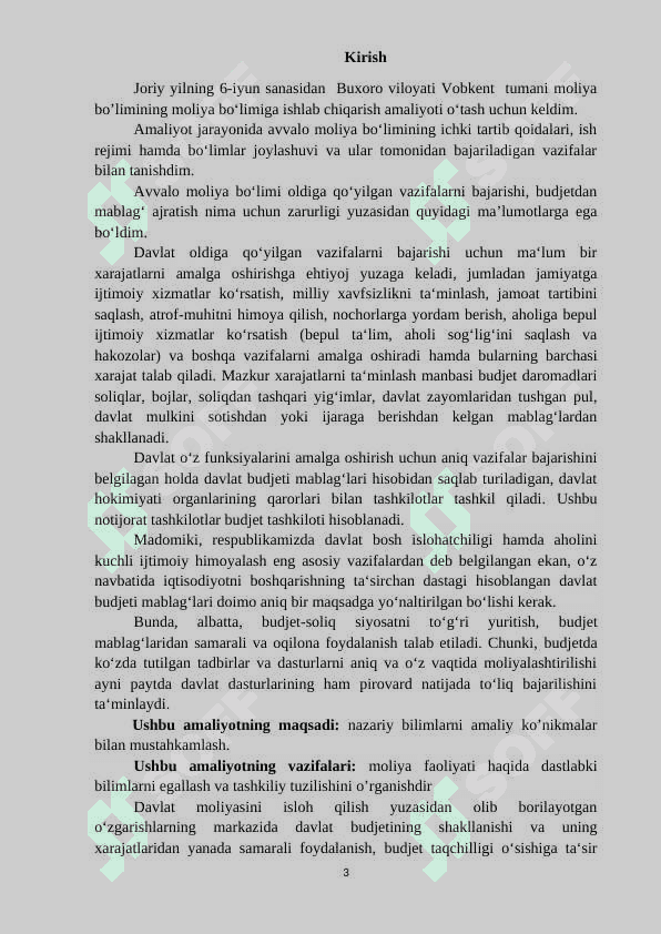 Tuman moliya bo'limi amaliyot hisoboti 3