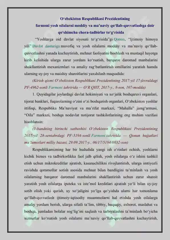 O'zbekiston respublikasining farmoni yosh oilalarni moddiy va ma'naviy qo'llab quvvatlashga doir qo'shimcha chora tadbirlar to'g'risida 2