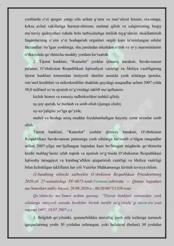 O'zbekiston respublikasining farmoni yosh oilalarni moddiy va ma'naviy qo'llab quvvatlashga doir qo'shimcha chora tadbirlar to'g'risida 3